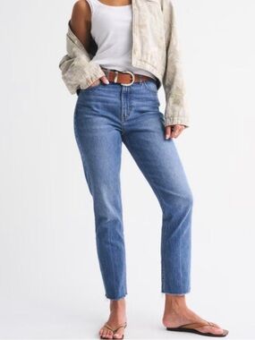 Abercrombie & Fitch Ultra High Rise Ankle Jeans in Medium Blue with Raw Hem 26R